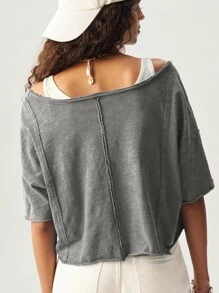 Bohemela Women's Casual Solid Color V-Neck Short Sleeve Loose T-Shirt Grey Crop Top Oversized Crop Top Baggy Crop Top Oversized Cropped T Shirt