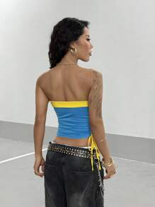StreetHx Áo crop top dây rút in chữ màu tương phản thời trang dạo phố mùa hè dành cho nữ - Màu xanh lam - Xem 3