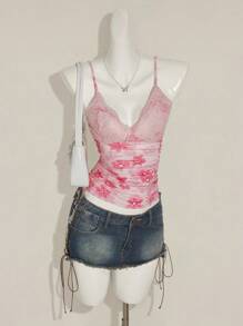 Sweetina Women's Y2K Summer Women Going Out Elegant Floral Print Contrast Easter Top, Everyday Wear Lace Camisole - Pink - View 5