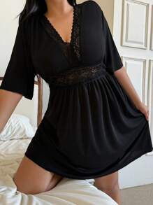 SHEIN 大码性感V领蕾丝拼布睡袍 - 黑色 - 查看 1