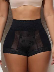 SHEIN Calça modeladora de renda retalhos feminina, elegante, sexy e confortável - Preto - Visão 3