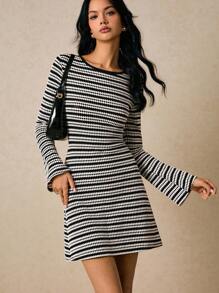 Poéselle 女式条纹圆领长袖休闲迷你连衣裙 - 黑與白 - 查看 5
