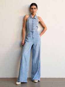 SHEIN Tall Macacão jeans básico feminino, moderno, sem costas, com botões, para volta às aulas, casual e modesto, para negócios, feminino - Azul - Ver 1