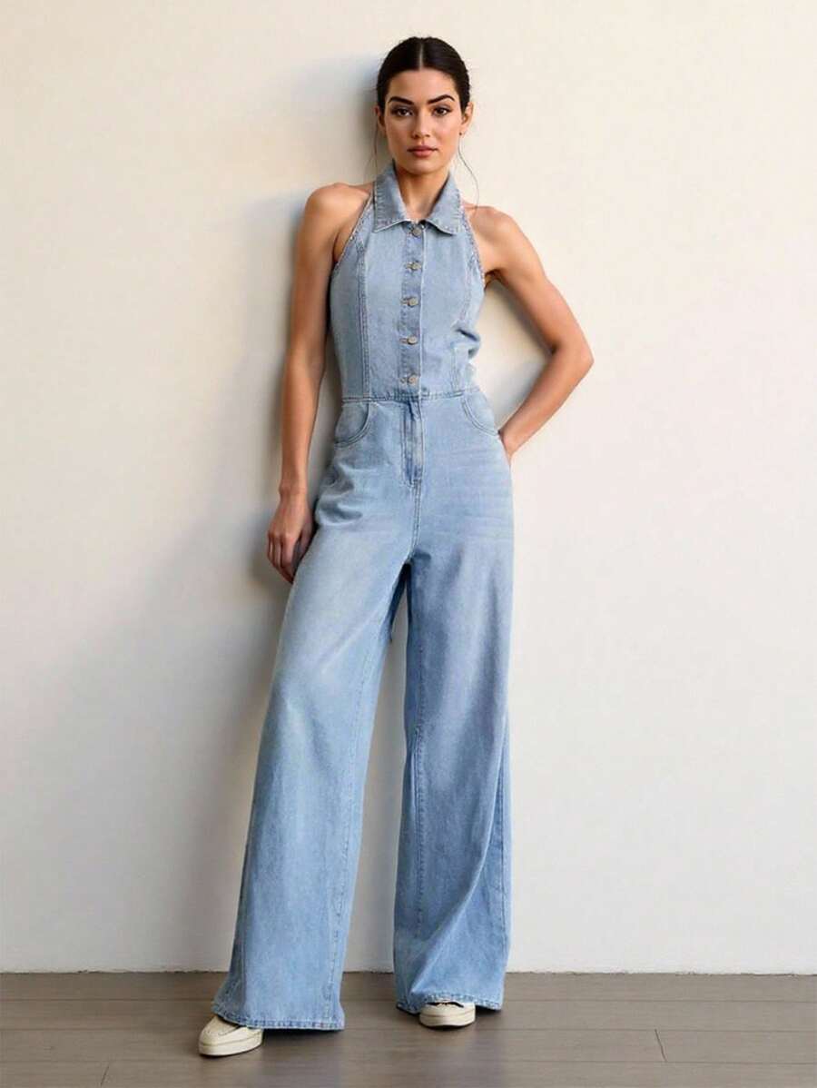 SHEIN Tall Macacão jeans básico feminino, moderno, sem costas, com botões, para volta às aulas, casual e modesto, para negócios, feminino - Azul - Ver 1