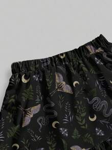 ROMWE Goth 浪漫哥特式花卉、飞蛾、蛇、植物、月亮全身印花多层紫色和绿色女式裙子，万圣节