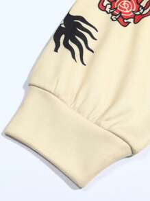 ROMWE MEN Anime 男士休闲龙纹连帽卫衣，秋冬 - 杏色 - 查看 3