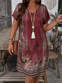 EMERY ROSE Plus Size Women Country Casual Vacation Vintage Style Floral Print V-Neck Short Sleeve Dress,Summer Holiday,Vacation Outfits Women,Simple And Fashionable For Everyday Wear,Vacay Vibes,Springbreak,Casual Wear SS,Bohemia,Summer Dresses For Women,Dresses Casual,Going Out Outfits,2025 New Clothes,Fall Women Clothes - Red - View 4