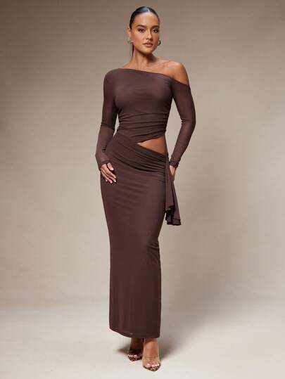 Silquee Women's Asymmetrical Neckline Long Sleeve Dress,Coffee Brown Exposed Waist 2 In 1 One Shoulder Dress,Seksi Sexy Chic Night Out Casual Dress For Autumn