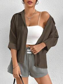 SHEIN PETITE Brown Blouse Loose Shirt - Brown - View 4
