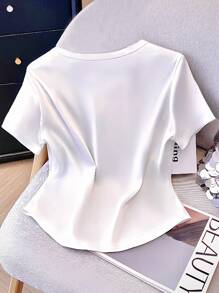 SHEIN Women's Rhinestone Decor Round Neck Casual Versatile Short Sleeve T-Shirt, Summer - White - View 3