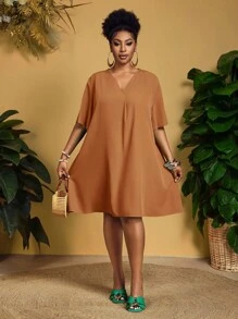 Slaydiva 新款优雅休闲/商务休闲女式短袖雪纺V领宽松荷叶袖连衣裙，秋季女装 - 棕色 - 查看 7