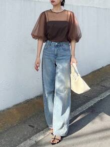 FRIFUL 女式纯棕色圆领泡泡袖透视网眼宽松休闲分层上衣 - 咖啡棕 - 查看 2