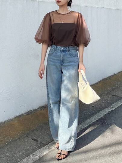 FRIFUL 女式纯棕色圆领泡泡袖透视网眼宽松休闲分层上衣