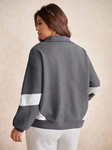 Elaquor Maglione oversize da donna casual e minimalista, in stile streetwear, con patchwork a contrasto di colore e lavorazione a nido d'ape, morbido e ampio, con mezza chiusura lampo, adatto per autunno/inverno - Grigio Scuro - Visualizzare 2