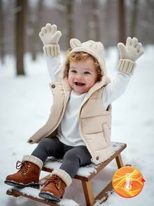 SHEIN Playful Pals 女婴连帽棉背心，秋冬外套 - 杏色 - 查看 4