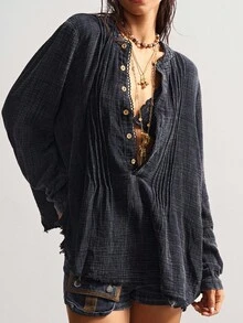 Bohemela 女士复古休闲波西米亚风黑色纯色圆领半开襟宽松长袖水洗宽松衬衫，复古西部乡村风格，适合音乐会、度假、外出、返校等场合，秋冬季穿着。 - 黑色 - 查看 5