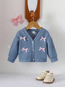 SHEIN Vintaside Kids Baby Girl V-Neck Bow Solid Color Long Sleeve Cardigan Sweater, Spring/Autumn Outerwear Fall Winter - Royal Blue - View 4