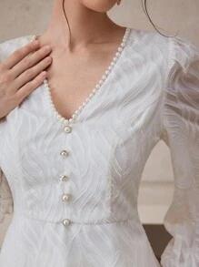 Modelyn 女士时尚浪漫优雅V领仿珍珠长袖衬衫 - 杏色 - 查看 5