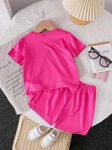 SHEIN Explorewe 2pcs Young Girls Fuchsia Cute Letter Graphic Short Sleeve T-Shirt And Fashionable Shorts Set, Summer - Hot Pink - View 2