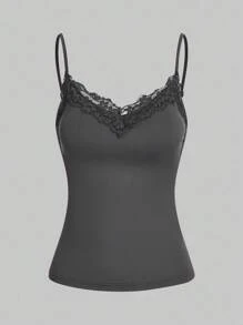 SHEIN Essnce Áo ba lỗ ren chắp vá thường ngày cho nữ 3 món/bộ cho kỳ nghỉ hè - Màu xám đen - Xem 8