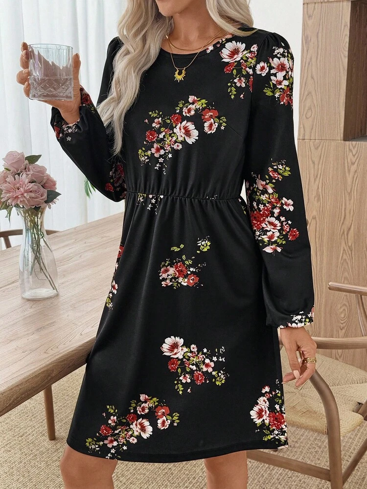 Women's Fashionable French Romantic Print Long Sleeve Mini Dress Black Floral Dress Long Sleeve Floral Dress Lantern Sleeve Dress Black Floral Mini Dress Long Sleeve Summer Dress