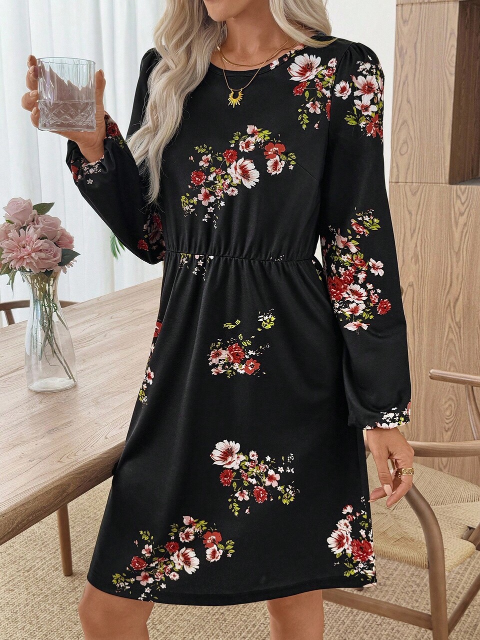 Women's French Black Floral Print Long Sleeve Mini Dress,Fashionable Lantern Sleeve Boho Autumn Summer Dress For Date