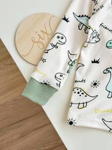 2 件装幼儿男宝宝可爱恐龙印花贴身长袖衬衫和裤子柔软舒适睡衣套装