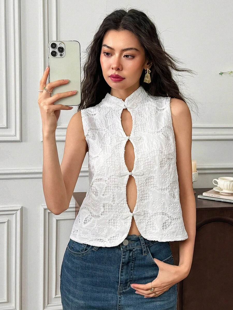 EastFlair Women's Solid Color Embroidered Stand Collar Sleeveless Fashion Tank Top, Summer Embroidery - White - View 1