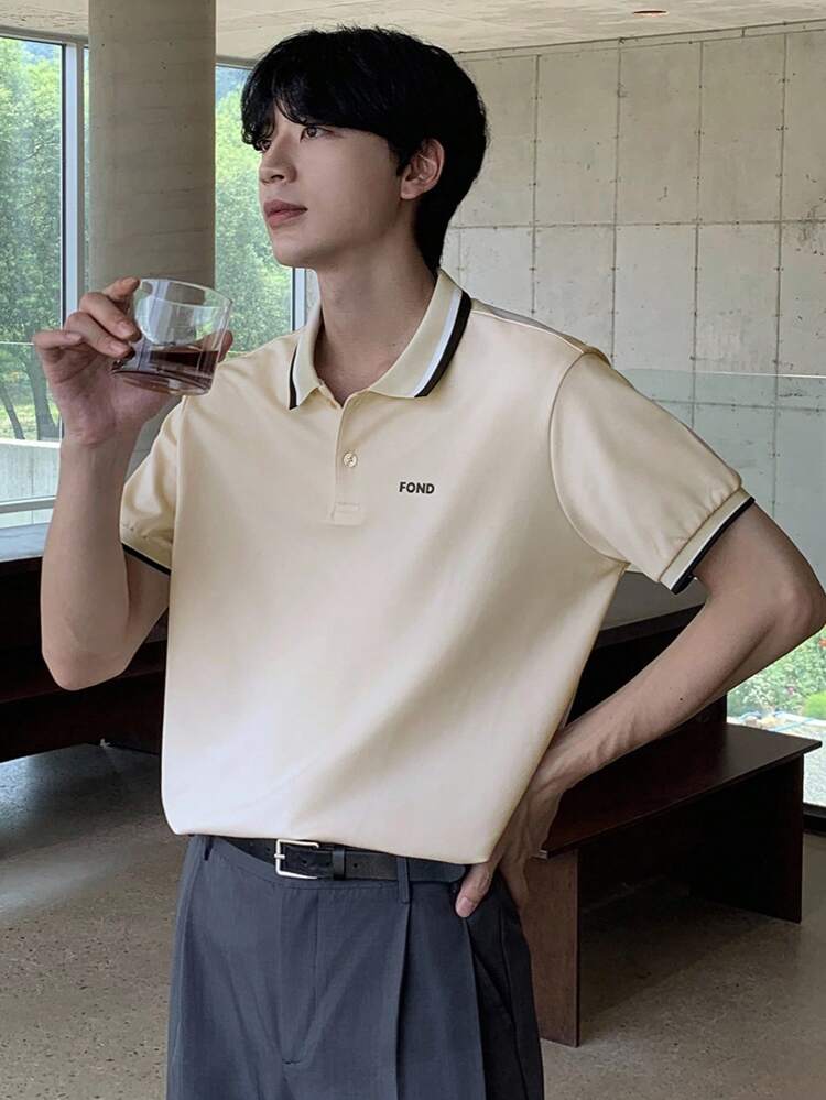 Men's Patchwork Collar Polo Shirt With Label Design, Beige, Summer