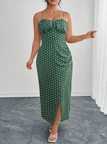 Flirla Plus Size Women's French Style Vacation Beach Gathered Bust Shirred Waist Slip Dress, Sleeveless, Suitable For Spring & Summer