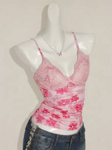 Sweetina Women's Y2K Summer Women Going Out Elegant Floral Print Contrast Easter Top, Everyday Wear Lace Camisole - Pink - View 8