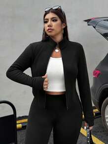 SHEIN EZwear 大尺碼女款秋季黑色羅紋針織開襟外套，2件式休閒套裝，拉鍊短版夾克，登山服，秋冬女裝2件套 - 黑色 - 查看 6