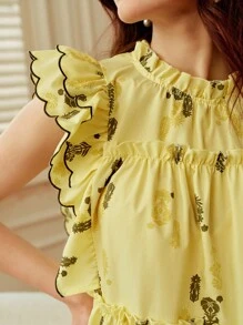 SHEIN Clasi 2025 Summer French Ruffle Collar Ditsy Floral Short Sleeve Blouse,Yellow Boho Tea Party Holiday,Suitable For Dates,Outings,Vacations,Banquets,Weddings - Yellow - View 6