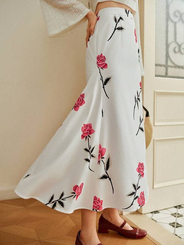 Penseblé Women's White And Pink Autumn Floral Print Pleated Vintage Skirt,Elegant Vacation Outings Skirt,Commuting Daily Thanksgiving Teacher Fall Cloth
