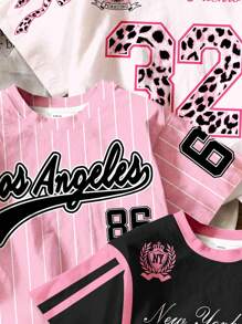 Set de 2 camisetas de manga corta con cuello redondo para niñas preadolescentes con estampados de rayas, números, letras, lazos y estampado de leopardo, ropa de calle vintage, de vuelta al colegio, estilo coreano, ropa de invierno, grunge, lindo estilo Y2K, vibraciones de playa neón, hippie bohemio para festival de música