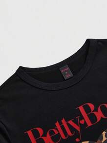 Betty Boop | ROMWE Women's Letter & Cartoon Figure Graphic Tight Cropped Round Neck Short Sleeve T-Shirt - Black - View 3