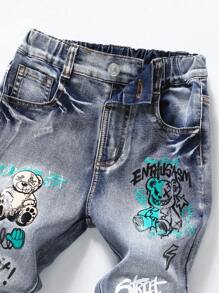 Young Boy Printed Elastic Denim Tapered Jeans, Fun And Fashionable Back To School Recommendation, Classic Washed Blue Denim Stretch Fabric, Cartoon Printed Design Full Of Childlike Charm, High Waist Elastic Waistband Fall Winter - Dark Wash - View 5