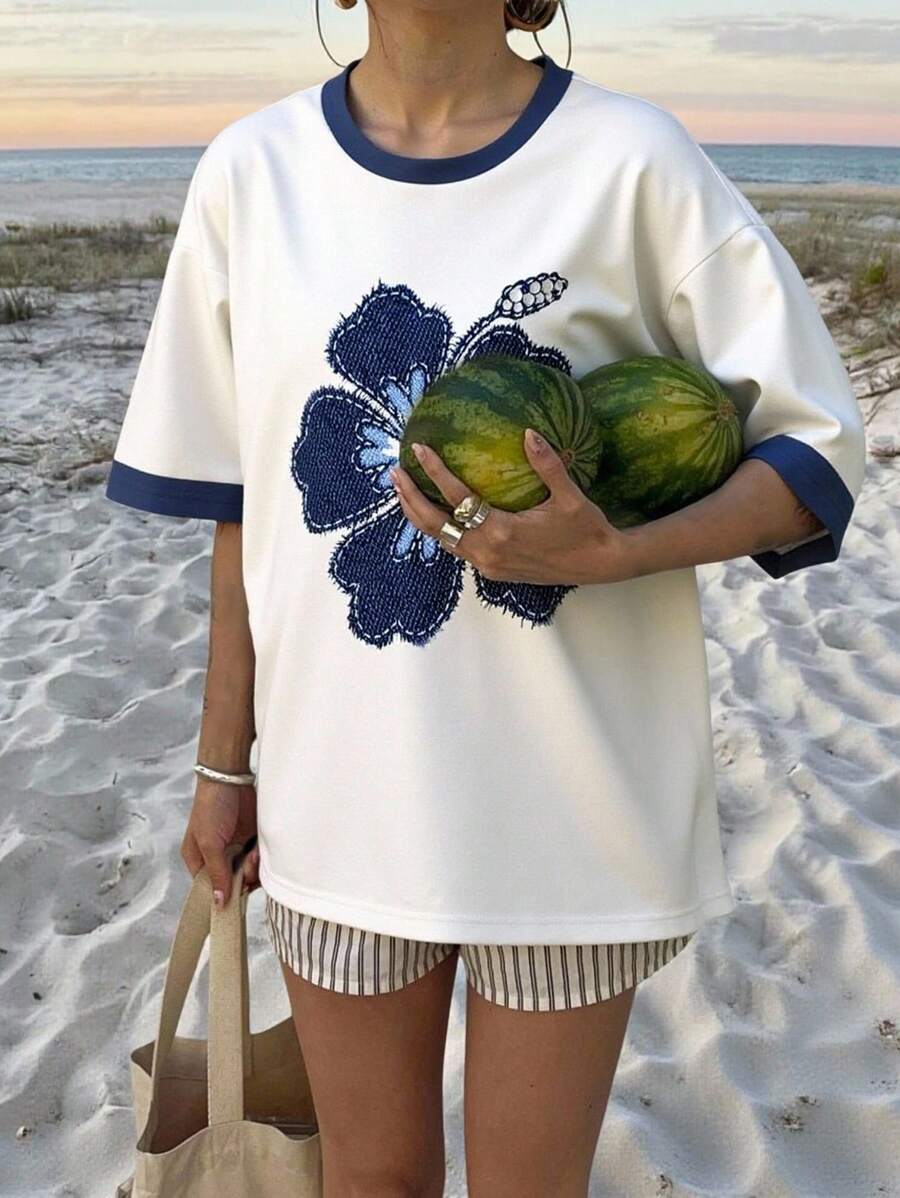 SHEIN EZwear Casual Floral Print Round Neck Loose Fit Plus Size Women T-Shirt, Cute Style Suitable For Summer, Beach Vacation, Graduation Season, Y2K,Back To School Suitable For Going Out