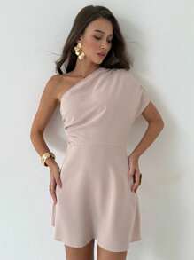 Aloruh Vestido Curto Minimalista Franzido de Ombro Único para Escritório e Transporte, Conjunto de Saída para Mulheres - Damasco - Visão 5