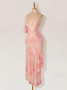 Sweetina 优雅甜美的粉色美人鱼裙，复古细肩带雪纺串珠长礼服，适合舞会和派对 - 粉色 - 查看 4