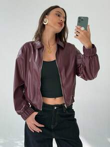 Aloruh Women's Solid Color Drop Shoulder Zip-Up Short Casual Jacket In Fall/Winter