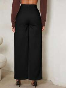 SHEIN Tall Women's Casual High Waist Wide Leg Pants, Solid Color Black Pants,Fall, Tall Women - Black - View 2