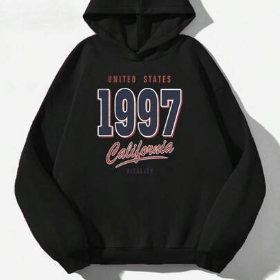 여성용 캐주얼 미니멀리스트 컬리지 백투스쿨 빈티지 1997 숫자 및 레터 프린트 루즈핏 두꺼운 후드 스웨트셔츠, 가을/겨울에 적합