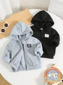 SHEIN 2 件婴儿男孩/女孩可爱简约字母印花纯色连帽夹克，百搭百搭服装，男女通用婴儿冬装 - 彩色 - 查看 8