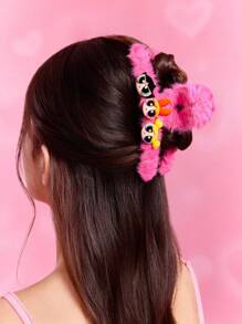 THE POWERPUFF GIRLS X SHEIN Fashionable & Cute Blossom & Bubbles & Buttercup Pink Plush Hair Claw For Women & Girls,Y2K - Pink - View 5