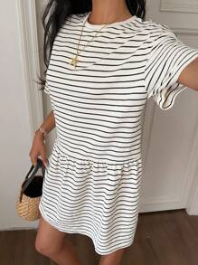 CovetEZ 女式条纹针织宽松娃娃裙，短袖 - 彩色 - 查看 3