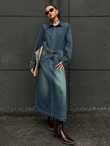 DAZY 女士休闲水洗长款牛仔连衣裙 - 藍色 - 查看 4
