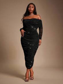 Radiana 大码女式秋冬、春夏优雅华丽迷人性感基本款亮片网眼面料露肩褶饰网眼紧身连衣裙，闪亮、闪亮、时尚，适合日常穿着派对礼服 - 黑色 - 查看 6