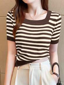 Chiquease Women Square Collar Short Sleeve Casual Striped Knit Top, Autumn/Winter - Chocolate Brown - View 3