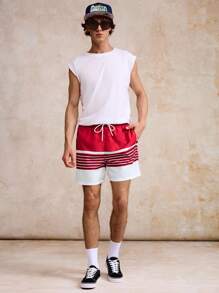 Surfspeed Men's Striped Print Drawstring Waist Beach Shorts - Red - View 6